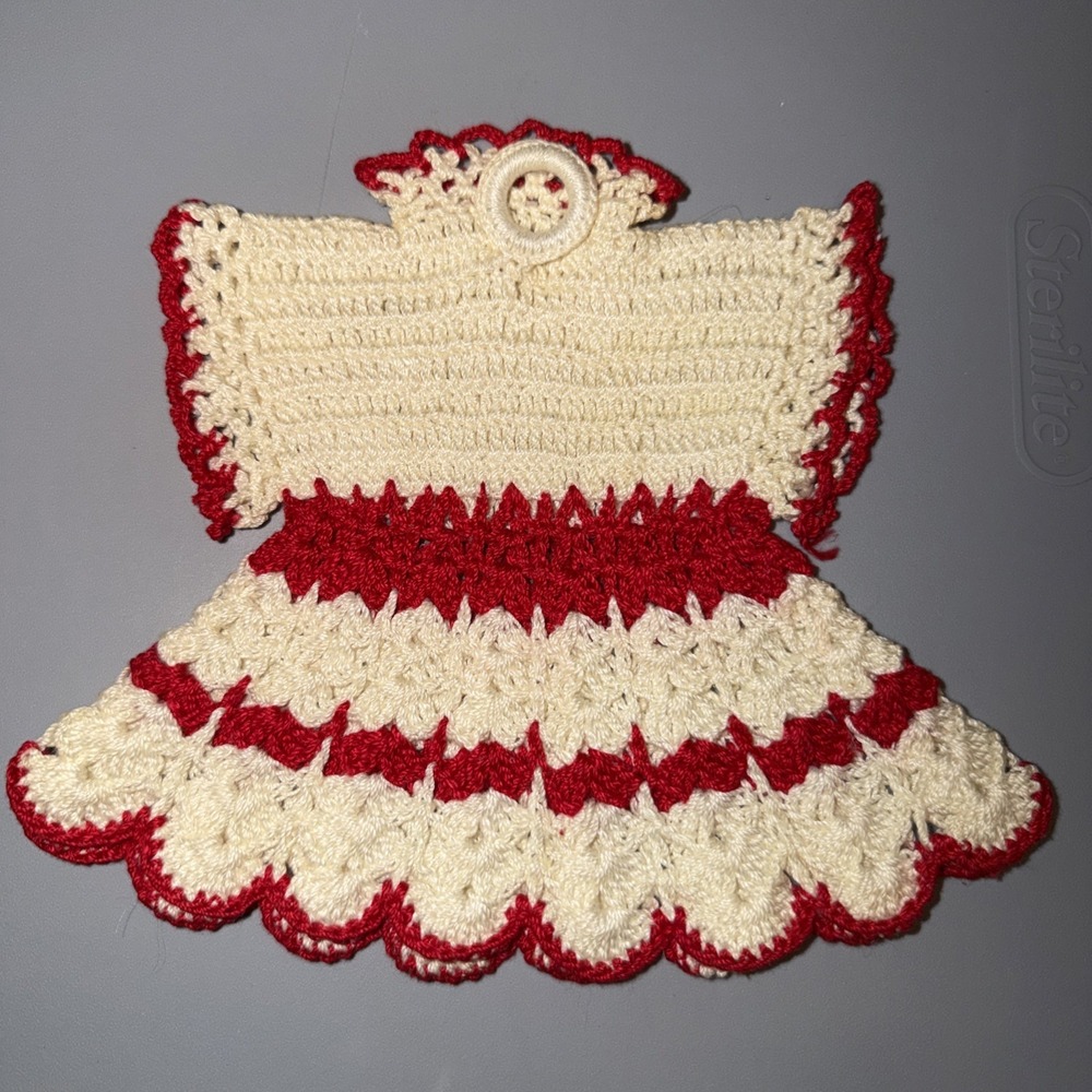 Crochet Potholder Dress Bloomers Red White 50s Handmade Cottagecore Grandma Vtg - Picture 3 of 10